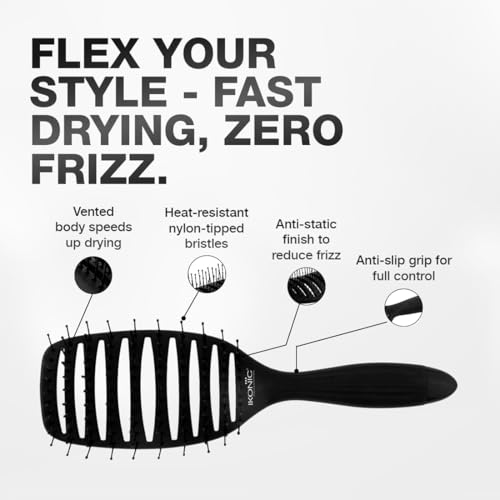 Image of Ikonic Professional Vent Brush, Flexible Head for Speed Drying & Styling, Anti Static, Heat Resistant, Smooth Round Tips for Detangling Wet & Dry Hair, Stimulates Scalp, Frizz Control, Anti Slip Grip