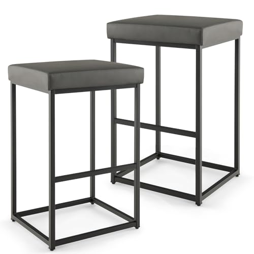 GiantexUK Bar Stools Set of 2, Upholstered PU Leather Kitchen Barstools with Footrest & Adjustable Foot Pads, Metal Frame Backless Breakfast Bar Chairs for Dining Living Room Lounge (Grey)