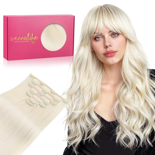 WENNALIFE Clip in Hair Extensions, 16 Inch 120g 7pcs Real Human Hair, White Blonde Remy Hair Extensions Clip Ins Double Weft