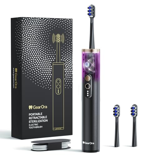 GearOra Cepillo de dientes eléctrico retráctil con esterilizador UV, cepillos de dientes inteligentes recargables sónicos, cabezales de cepillo de grafeno antibacterianos, 3 modos, cepillo de dientes