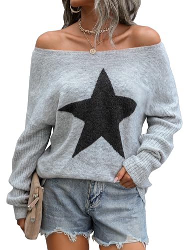 Blooming Jelly Women's Off The Shoulder Sweaters Cute Fall Tunic Tops Knitted Pullover Sweater Grey