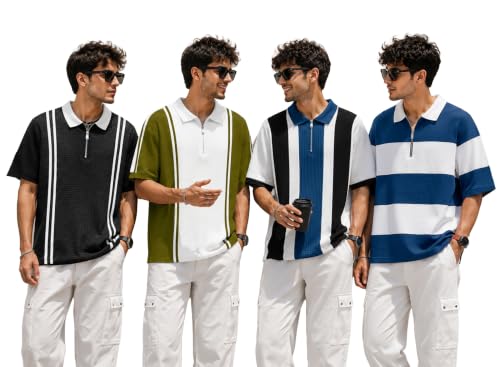 Image of AUSK Men's Textured Vertical Striped Knit Polo T-Shirt | Half Sleeve Zipper Neck Self-Design Casual Tee | Mens Tshirts
