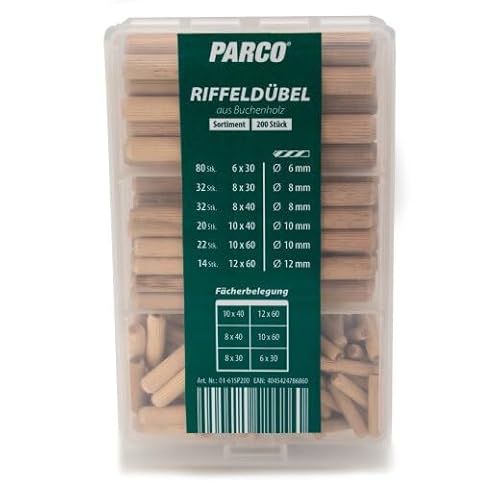 PARCO Chevilles cannelées, chevilles en bois, bouchons en bois, tiges de cheville, aiguilles en bois chanfreinées des deux côtés, assortiment de 200 pièces