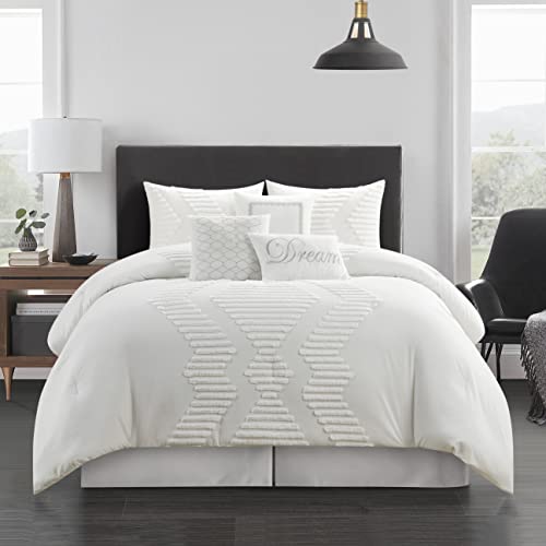 Stratford Park 7 Piece Tufted Embroidery Comforter Set, White, Bed Size California King, Modern Design, All Season Bedding Set, Matching Bedskirt, Pillows & Shams