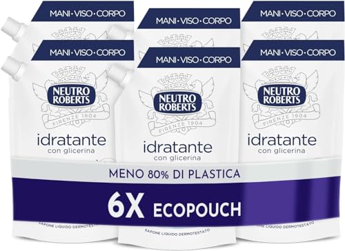 Neutro Roberts, Ecopouch Jabón Líquido Hidratante con Glicerina, Recambio Ecológico de Jabón Líquido para Manos - Dermatológicamente Probado Sin Jabón - 6 Botellas de 400 ml