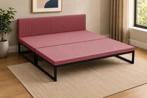Image of Metal Sofa Bed for Living Room | Modern Industrial Design Metal Frame Three Seater Sofa Bed for Home, Office & Lounge-Rose Pink