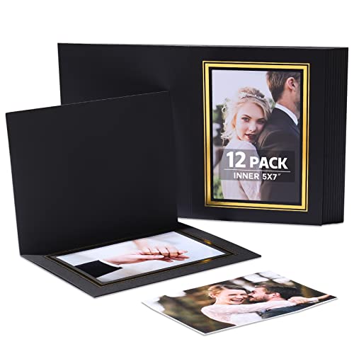HOTUO 12 Pack Cardboard Photo Folders, Black/Gold Paper Photo Frame Cards for 5x7 Photo, Best Paper Greetings/Invitation Cards for Gtadution, Christmas, Wedding, Picture Inset Notecard(Vertical)