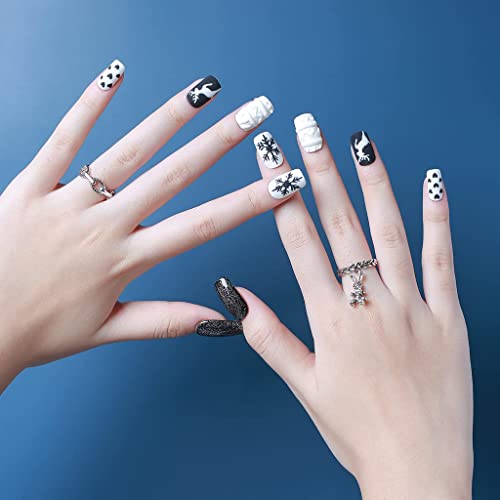 UPHUNAL Handmade False Nails Set Long Press on Nails 24Pcs Coffin Fake Nails for Any Occasions Reusable Acrylic Matte Artificial Nails with Nail File Best for Mums or Ladies’ Gifts(Black Snow)