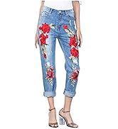 Ladyful Women's Floral Embroidered Denim Pant Stretch Distressed Ripped Baggy Jeans Trouser