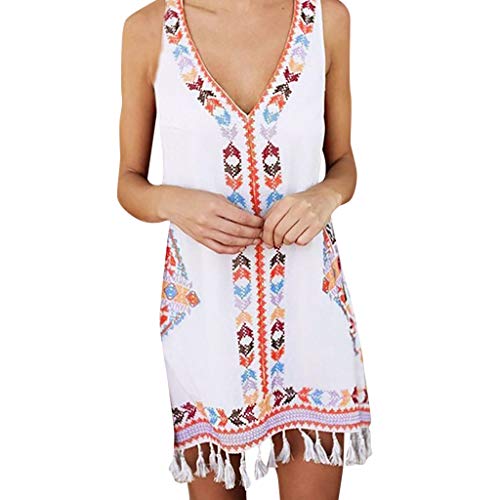 pitashe Women's Bohemian Dress V-Neck Geometric Printed Sleeveless Mini Dress Ladies Summer Boho Tassel Casual Holiday Beach Mini Tank Dresses White
