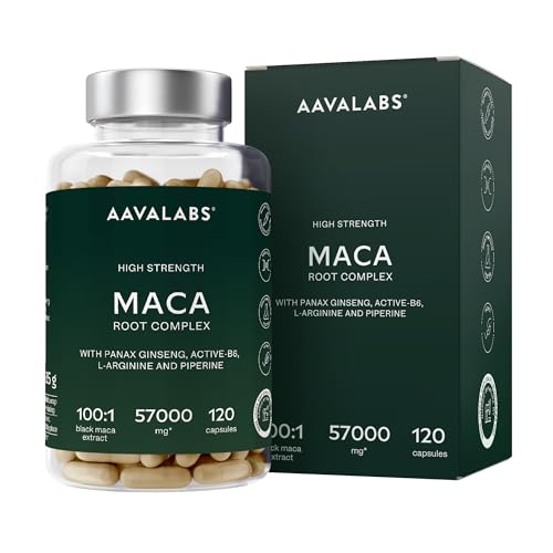 Maca Negra y Amarilla - 57,000 mg - Maca Peruana Andina con Ginseng Panax, L-Arginina, Vitamina B6 y Extracto de Pimienta Negra - 120 Maka Cápsulas - Veganas