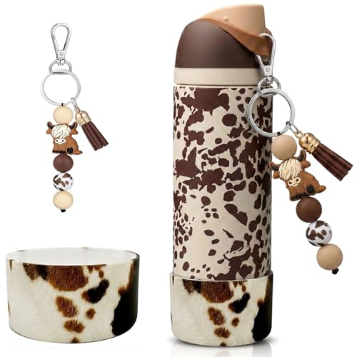 Cow Print for Owala Charm & Silicone Boot Compatible with Owala 20/24/30/32/40oz Water Bottles Highland Cow Accessories Set for Owala FreeSip Cowgirl Core Cow Print Bottle Boot Protector and Pendant