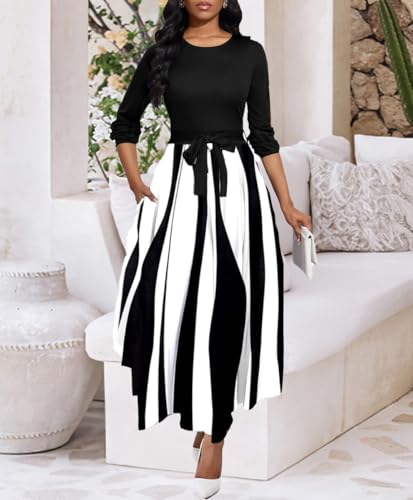 Image of BubFee Long Dress for Women Casual Long Sleeve Dresses Maxi Dress Empire Waist Loose with Belt