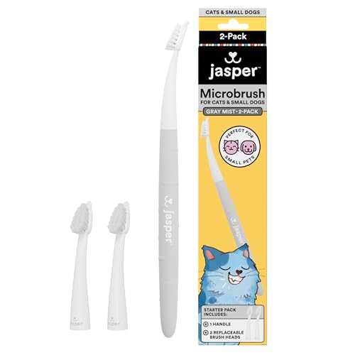 Image of Jasper Microbrush Vet Approved Cat Toothbrush, Soft-Bristled Toothbrush Kit for Felines & Small Dogs, Non-Slip Handle with 2 Replaceable Tooth Brush Heads, Use with Cat Toothpaste, 2-Pack, Gray Mist