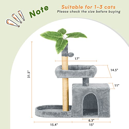 Image of 31.5inch Small Cat Tree Tower Condo for Indoor Cats, Soft Plush Multi-Level Climbing Tree Cat House with Cat Cave, Scratching Post, Sisal Rope, Grey