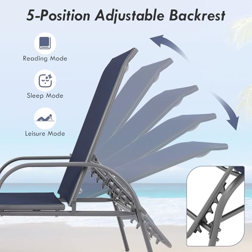 Image of Giantex 2 Pack Patio Lounge Chair, Outdoor Chaise Lounge with 5 Adjustable Backrest, Sturdy Steel Frame, Sunbathing Recliner, Beach Chair, Tanning Chair for Outside, Yard, Balcony, Pool Chairs, Navy