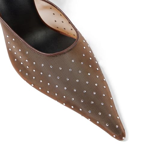 Women's Crystal Embellished Mesh Pumps Floral Applique Stilettos Pointed Toe Slip On Heeled Mules Banquet Dress Wedding Heels2