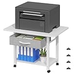 OYRREU 2 Tier Printer Stand on Wheels, 56x38cm Printer Table with Drawer Storage, Under Desk Printer Stand Pinter Shelf for Home Office Organization, fit Fax Scanner/3D Printer, White