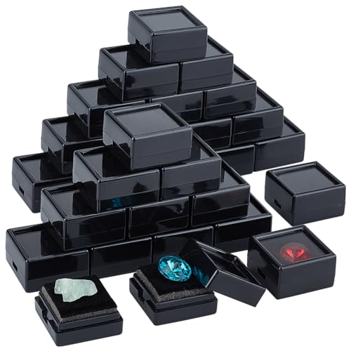 BENECREAT 72 Paquete de Caja de Exhibición de Piedras Preciosas Vitrina de Plástico de Diamantes Caja de Joyería Negra con Tapas Transparentes, Esponja para Tratar, Gemas, Monedas, 3x3x1.65 cm