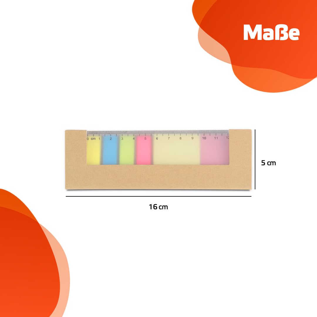 100x Haftnotizen-Set in Kartonhülle mit integriertem Lineal aus Kunststoff Rico | 5x25 Haftstreifen in Pfeilform und 2x25 Klebezettel groß | mehrfarbig | selbstklebend, beschreibbar | Sticky Notes
