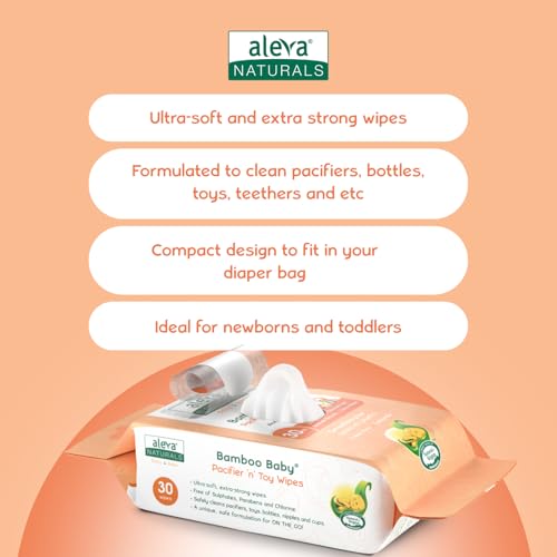 Aleva Naturals Pacifier & Toy Wipes - Pacifier Wipes, Baby Toy Wipes, Bottle Wipes, Extra Strong and Ultra Soft, Value Pack- 30ct x 3 (90 Wipes Total)