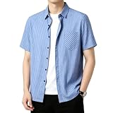 [FJLTDCP] メンズ ストライプ半袖シャツ ビジネスカジュアル 通気性 清潔感 スリム 夏の通勤服 大きいサイズ 柔らかい シンプル おしゃれ メンズ夏服-Light blue-3XL