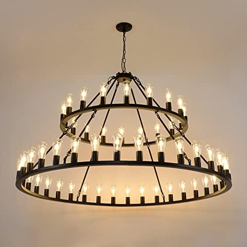 WOGON WEEL Wagon Wheel Chandelier 2 Tier 54-Light 60-inch, Farmhouse Industrial Chandelier Black Rustic Pendant Light Fixture Extra Large for High Ceilings, Living Room Foyer