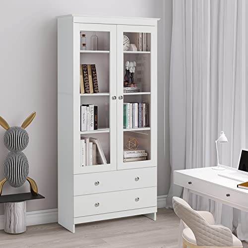 Yigobuy White Bookcase With Glass Doors Display Cabinet Wooden Bookshelf Organizer For Home Bedroom, Living Room, Office, Library With Doors, White Freestanding Kitchen Pantry #TOP4