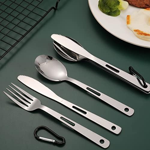 Bestomrogh 6Pcs Camping Cutlery Set, Travel Cutlery Set Stainless Steel Flatware Including Knife, Fork and Spoon Set with Carabiner for Outdoor Travel Hiking Picnic Office School