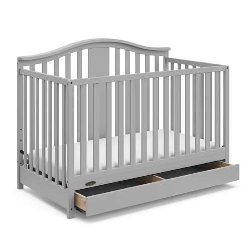 Image of Graco Solano 4-in-1 Convertible Crib with Drawer (Pebble Gray) – GREENGUARD Gold Certified, Includes Full-Size Nursery Storage Drawer