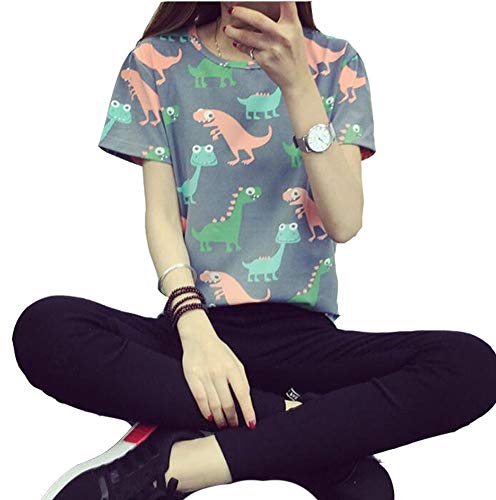 Women Summer Japanese Harajuku Animal Dinosaur Printing T-shirt, Grey, Medium