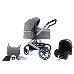 Pixini Neyla Kombi Kinderwagen mit Stoffwanne/Buggy/Wickeltasche/Getränkehalter/Regenplane/Mückennetz/Wickelauflage (3in1 Set mit Babyschale grau/braun)