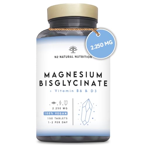 Magnesio Bisglicinato 2250 mg + Vitamina B6 e D3 per risultati ottimali. 150 Compresse 4 Mesi. 450 mg di Magnesio Elemental. Sonno Ristoratore, Supporto Muscolare e Osseo. Vegan. N2 Natural Nutrition
