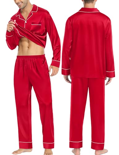 SWOMOG Couples Matching Pajamas Sets Women & Men Silk Satin Long Sleeve Button Down Sleepwear 2 Pcs Classic Loungewear2