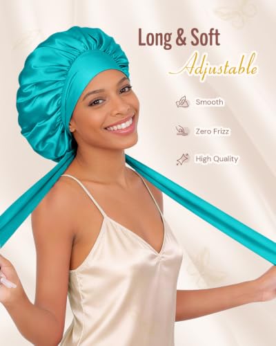 Image of BONNET QUEEN Double Layer Silk Bonnet for Sleeping for Women Satin Lined Bonnet Night Cap for Curly Hair with Tie Band, Single Layer, Aqua Blue