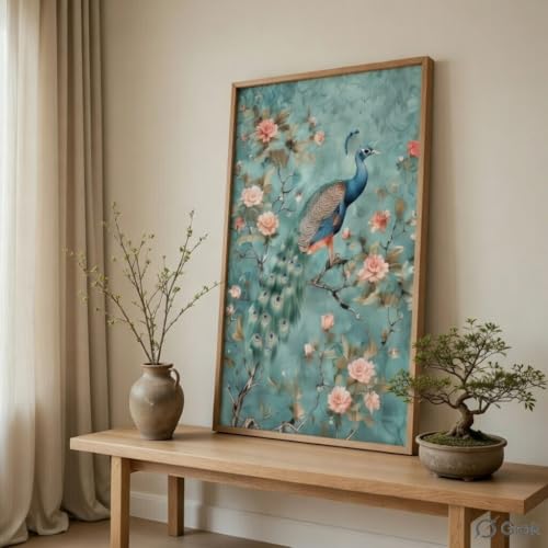 Image of Livin'luxe Elegant Peacock Floral Wall Painting with Wooden Frame | Vintage Bird Artwork HD UV Laminated MDF Wall Decor | Botanical Peacock Art for Living Room Bedroom Office Home Decoration