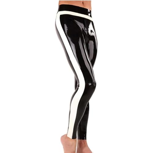 Kangxinsheng Schwarz Latex Hose für Männer mit Weißen Seitenstreifen,Mode Latex Leggings,Geeignet für Club Cosplay Kostüme-M