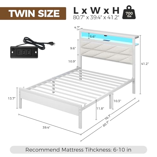 Image of Seventable Bed Frame Twin Size with Charging Station, LED Bed with Upholstered Storage Headboard, Metal Platform Bed with Under Bed Storage, No Box Spring Needed, Noise Free, Easy Assembly, White