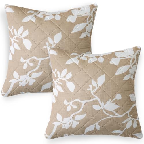 Image of HOKIPO 'Elira Series' Printed Quilted Cushion Cover for Sofa 22x22 Inches, Set of 2, Buff Brown Sillehoute Floral (AR-6232-C7*2)