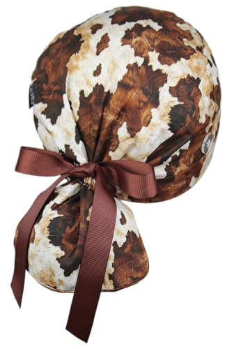 Image of Scrub Cap for Women and Men, Ponytail Scrub Caps, Working Hat, Head Cover with Ribbon Ties and Buttons, Long Hair