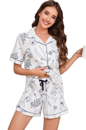Image of LUBOT 100% Cotton Pajamas for Women 2 Piece PJ Set Button-Down Soft Knit Short Sleeve Summer Sleepwear Loungewear XS-XXL