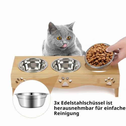 WPAJIRZO Katzennapf erhöht 3er Set - Edelstahl-Näpfe für Wasser & Futter mit Höhenverstellbarem Holzständer - Ergonomische Futterstation für Katzen & Welpen