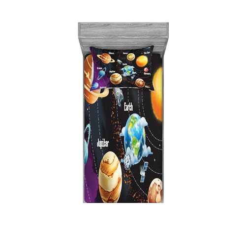 Ambesonne Outer Space Fitted Sheet & Pillow Sham Set, Solar System of Planets Milky Way Neptune Venus Mercury Sphere Illustration, Decorative Printed 2 Piece Bedding Decor Set, Twinxl, Maroon