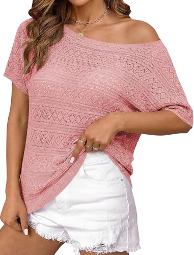 Image of Cakulo Womens Off The Shoulder Batwing Short Sleeve Crochet Tops 2026 Spring Summer Sweater Top Knit Beach Cover Up