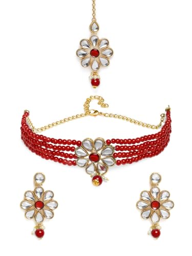 Juego de joyas para mujer bañado en oro y rojo en latón talla S Maangtika DMZ-134