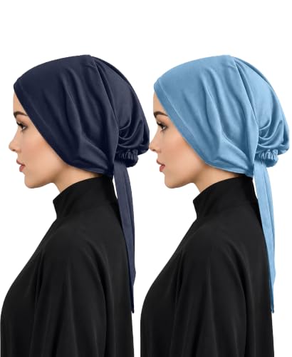 Image of Mehar Women's Hair Ponytail Cap Set of 2 | Soft Stretchable Polyester Hijab Inner Cap | Adjustable Tie-Back | Scarf & Helmet Inner | One Size Fits All
