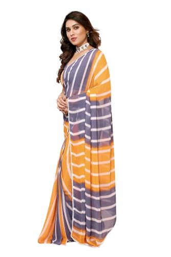 Image of ROOP SUNDARI SAREES Readymade Pleated Pre Drape Stitched Floral Printed Georgette Saree For Women's With Lace Border & Blouse(Ready To Wear One Minute)