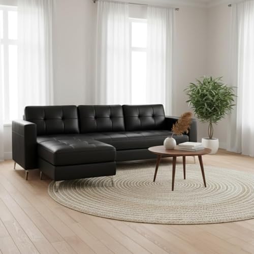 Image of CASASTYLE Creamoy 4 Seater L Shape Sofa Set with Movable Ottoman | Flexible Left or Right Layout | Premium Leatherette | Soft Touch Seating | Durable & Comfort Ideal Sofa for Living Room (Black)