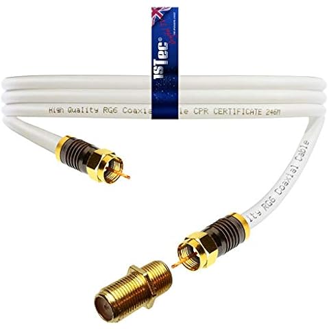 1STec 2m Short White Gold Plated Male to Male Virgin Media Extension Cable with Female Joining Coupler for V6 TIVO Set Top Box or VIVID Fibre Super Hub Broadband WiFi Internet Modem (2 Metre) Cover