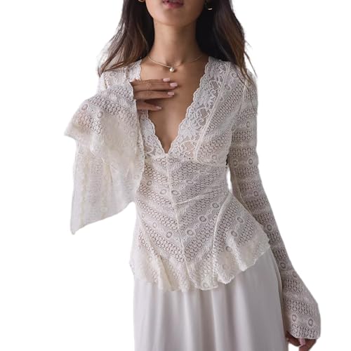 Women Lace Sheer Mesh Tops Y24k Ruffle Floral V Neck Long Bell Sleeve Blouse SexySee Through Slim Fit Crop Top Concert Boho Going Out Shirt Ivory